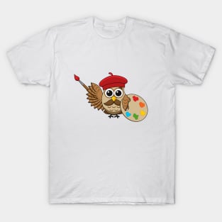 Cute Painter Owl Cartoon T-Shirt